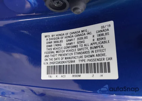 2019 Honda Civic Si из США, поврежденный, VIN 2HGFC3A50KH752844